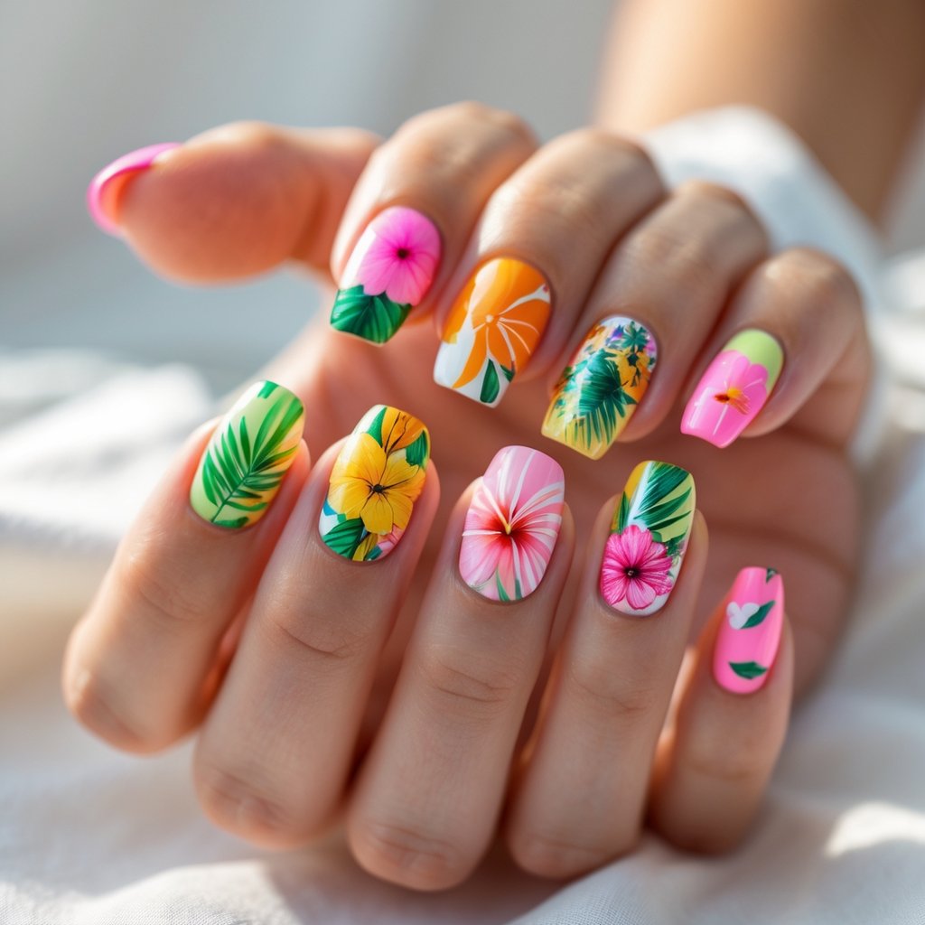 Close-up of a hand showing 15 nails with colorful floral designs.
