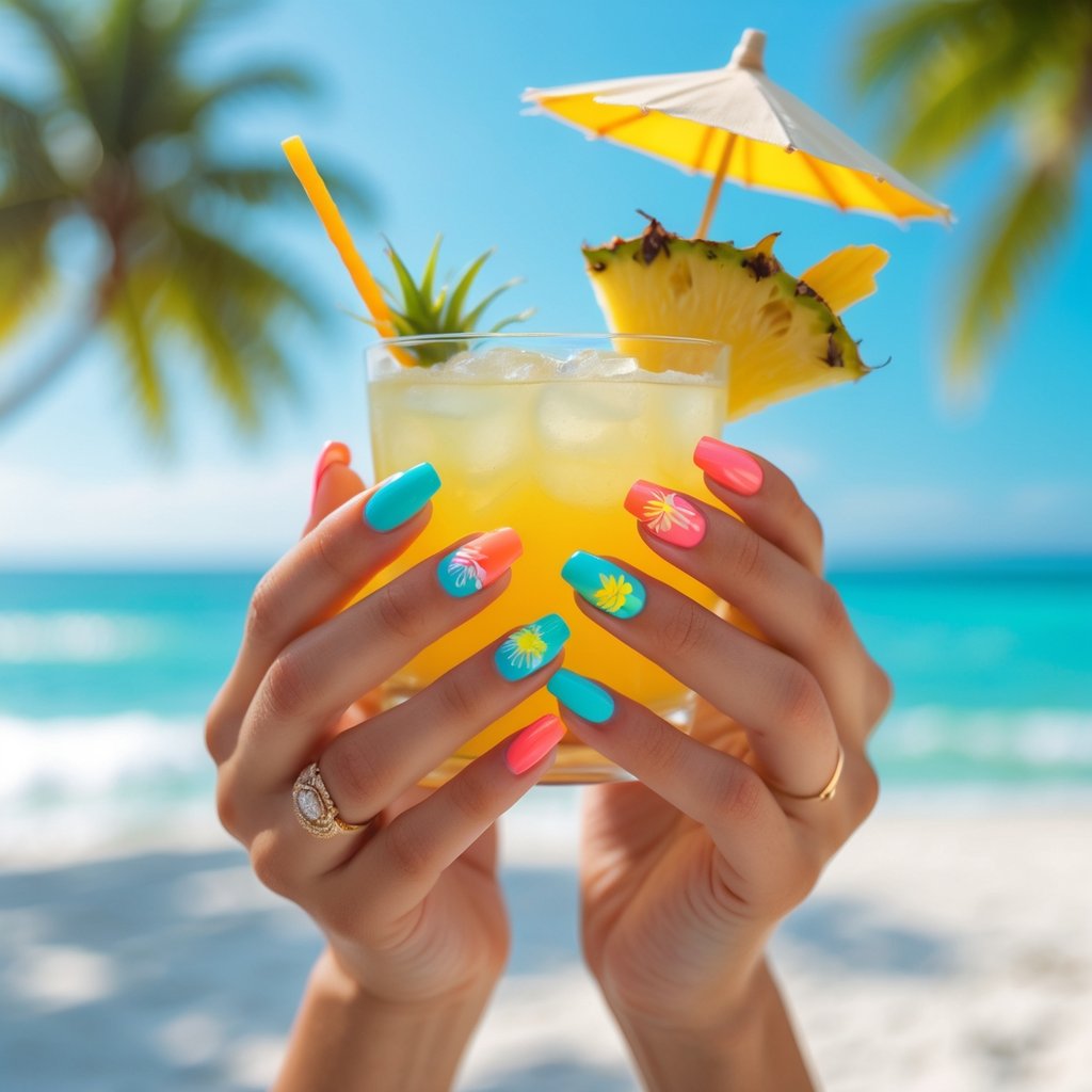 Close-up of hands with colorful summer-themed nails holding a tropical cocktail on a sunny beach with ocean and palm trees in the background.