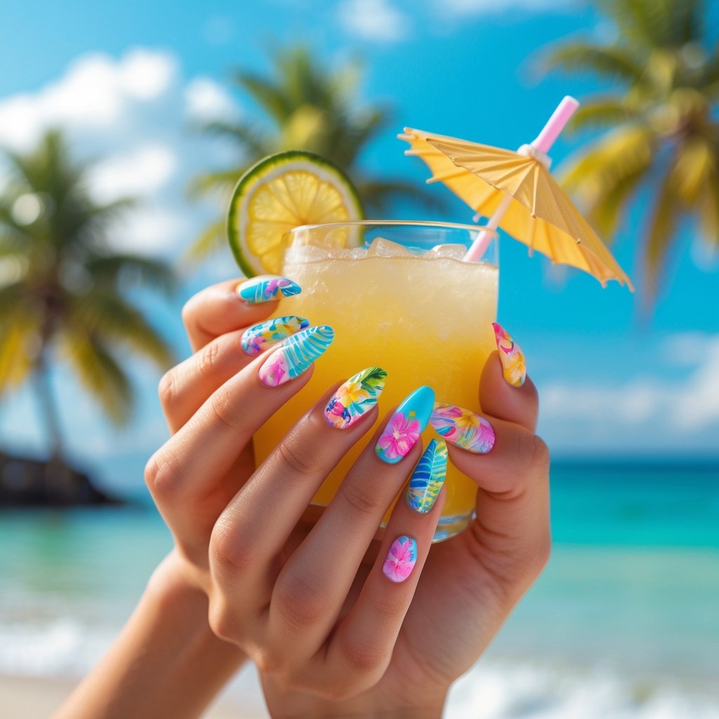 Close-up of hands with colorful summer-themed nail designs holding a tropical drink on a sunny beach.