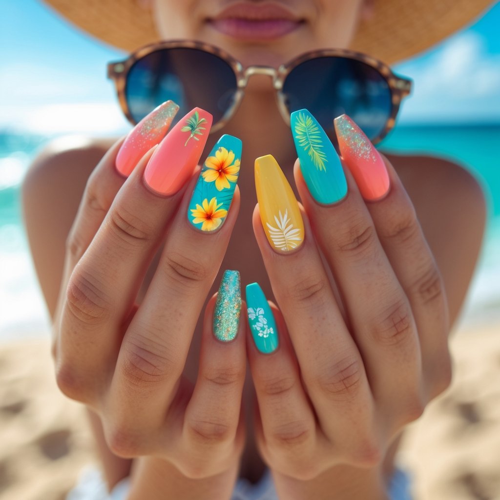 Close-up of a woman's manicured hands holding sunglasses and a sunhat with a beach and ocean in the background.