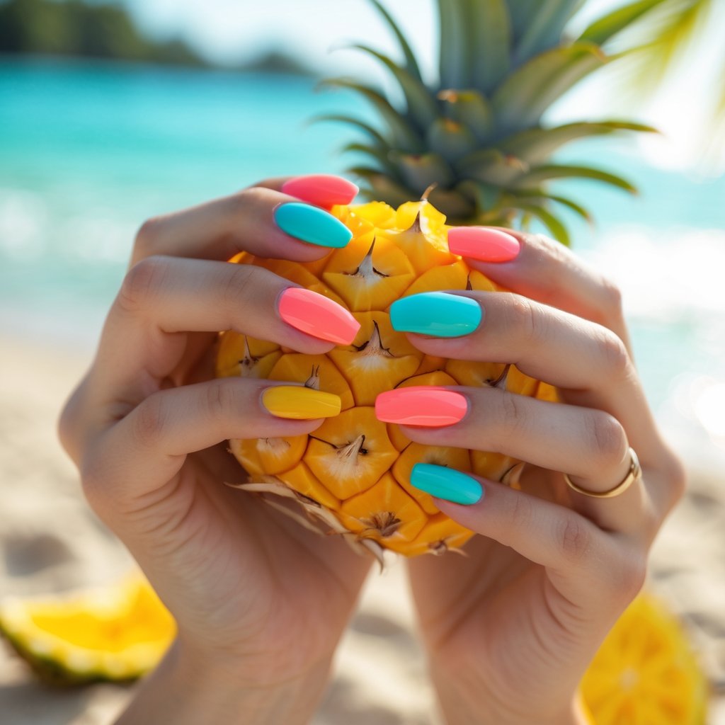 A woman's hands with colorful summer nail polish holding a tropical fruit against a blurred beach background.