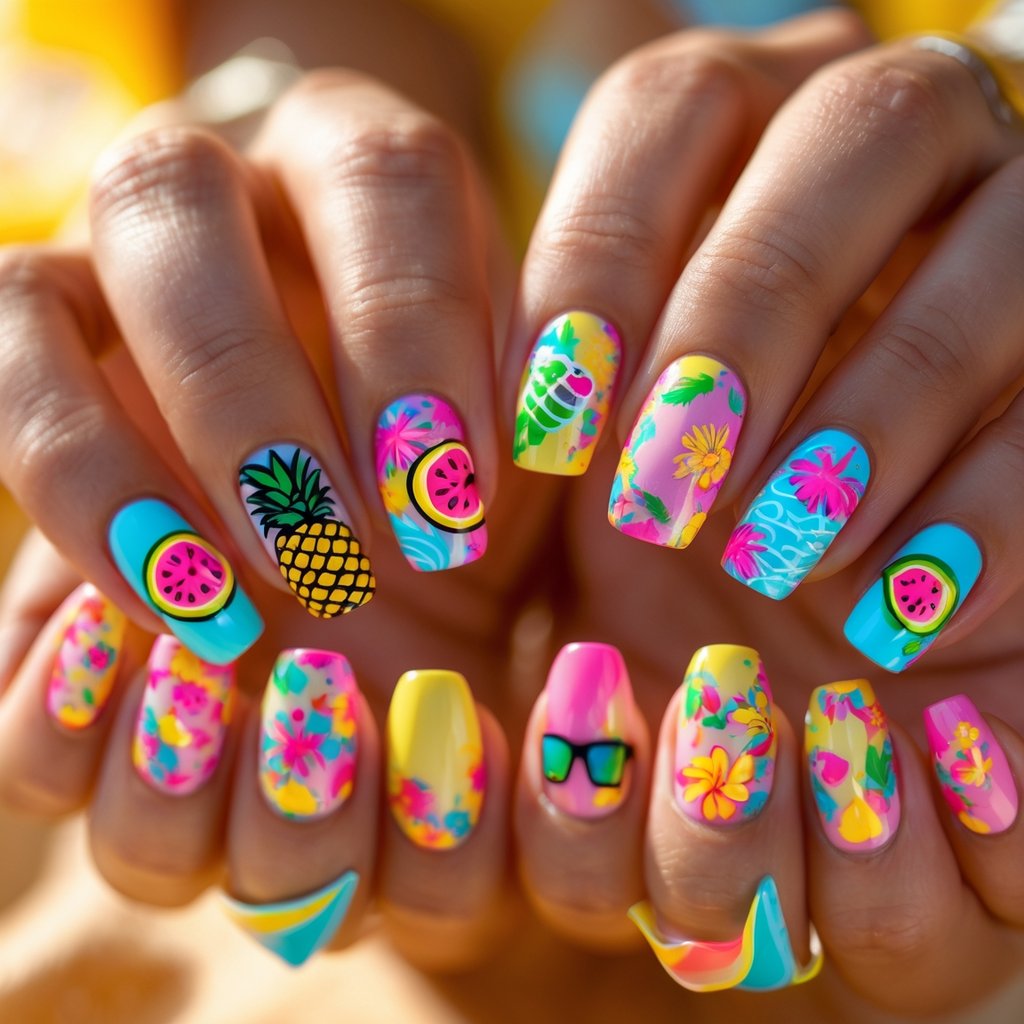 Close-up of hands showing ten colorful summer-themed nails with various bright designs.