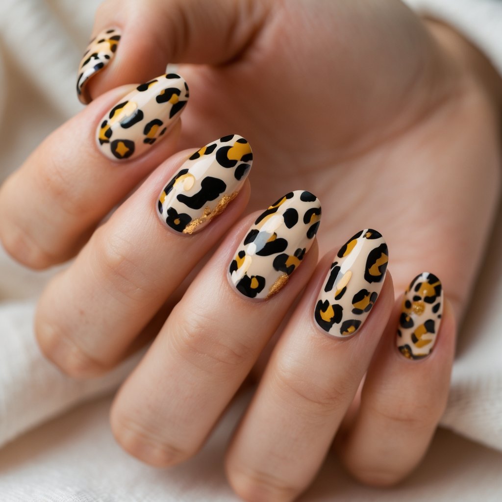Close-up of a hand with ten nails painted in bold leopard print patterns.