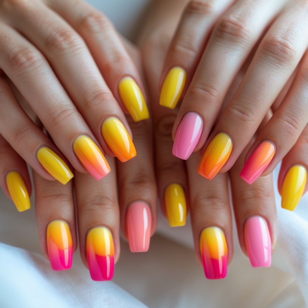 Close-up of hands with ten colorful ombré nails blending sunset colors.