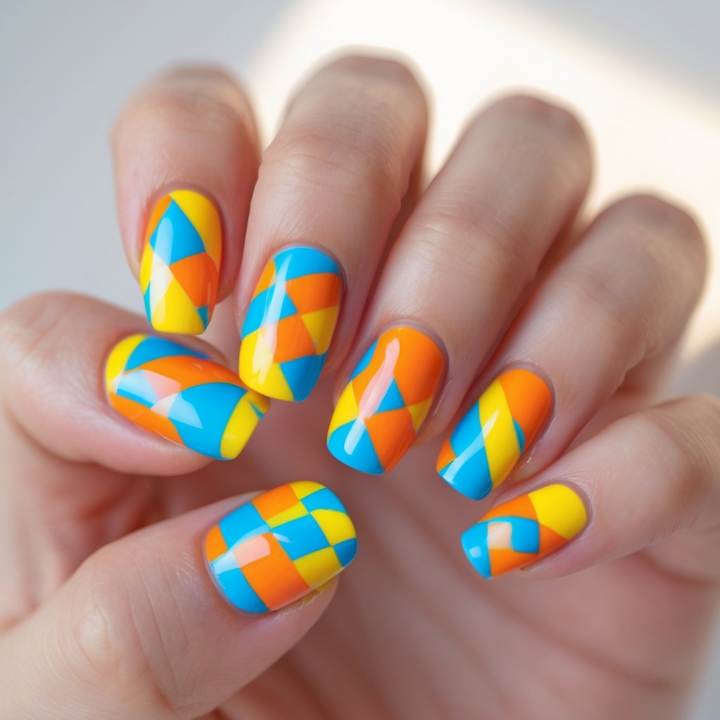 Close-up of ten fingernails with colorful blue, orange, and yellow checkerboard patterns.