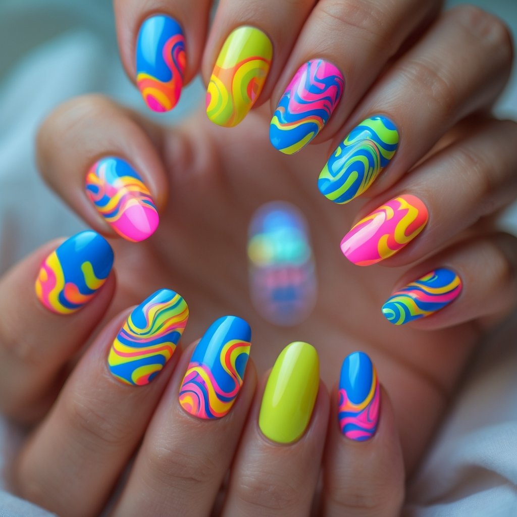Close-up of ten manicured fingernails painted with bright, colorful swirling patterns.