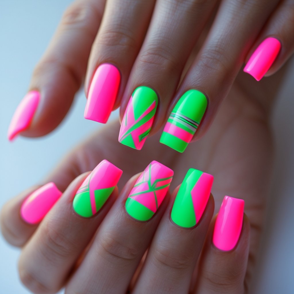 Close-up of ten fingernails painted with neon pink and green geometric shapes on a neutral background.