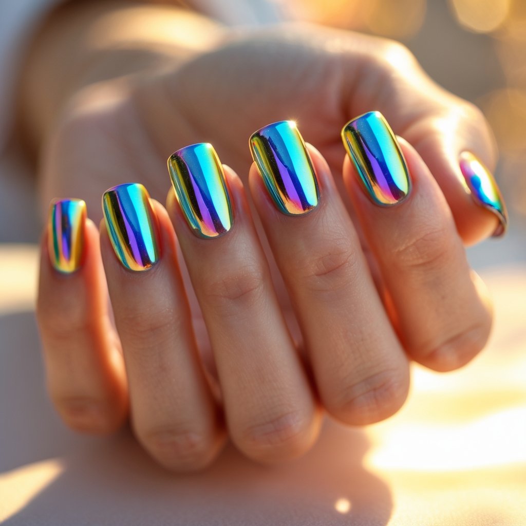 A hand with ten chrome nails reflecting rainbow colors under bright light.