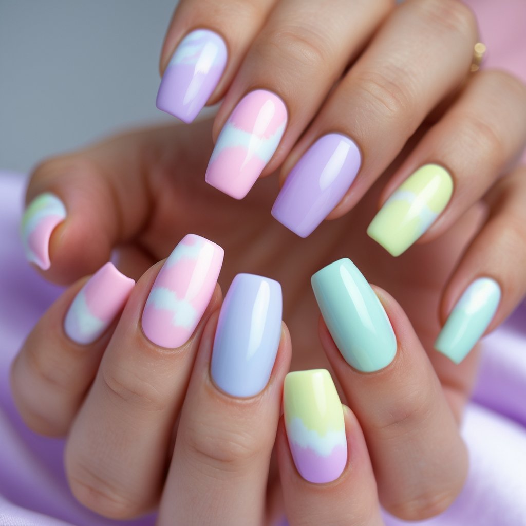 Close-up of a hand with ten colorful pastel nails featuring a soft tie-dye pattern.