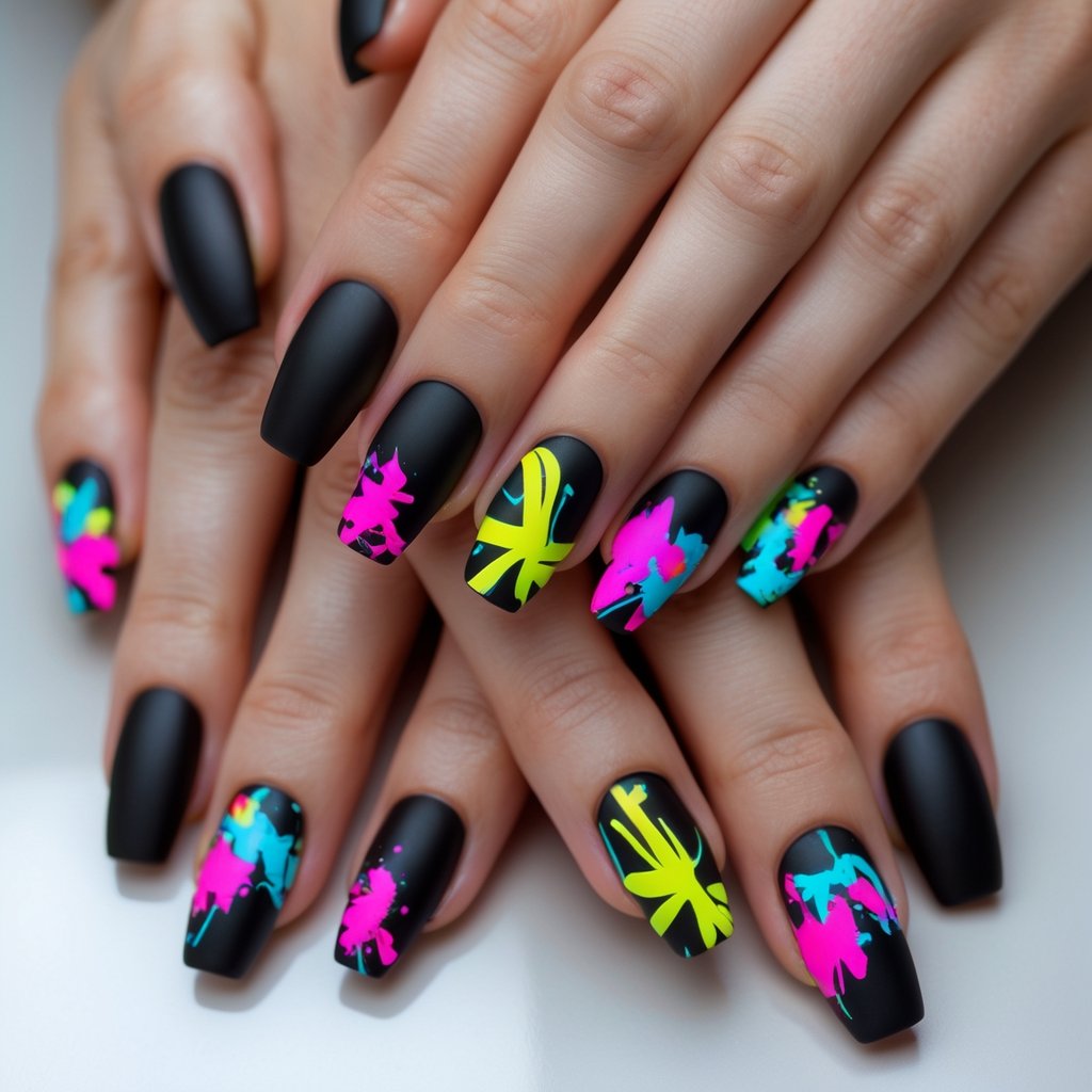 Close-up of hands with matte black nails and colorful graffiti designs on some nails.