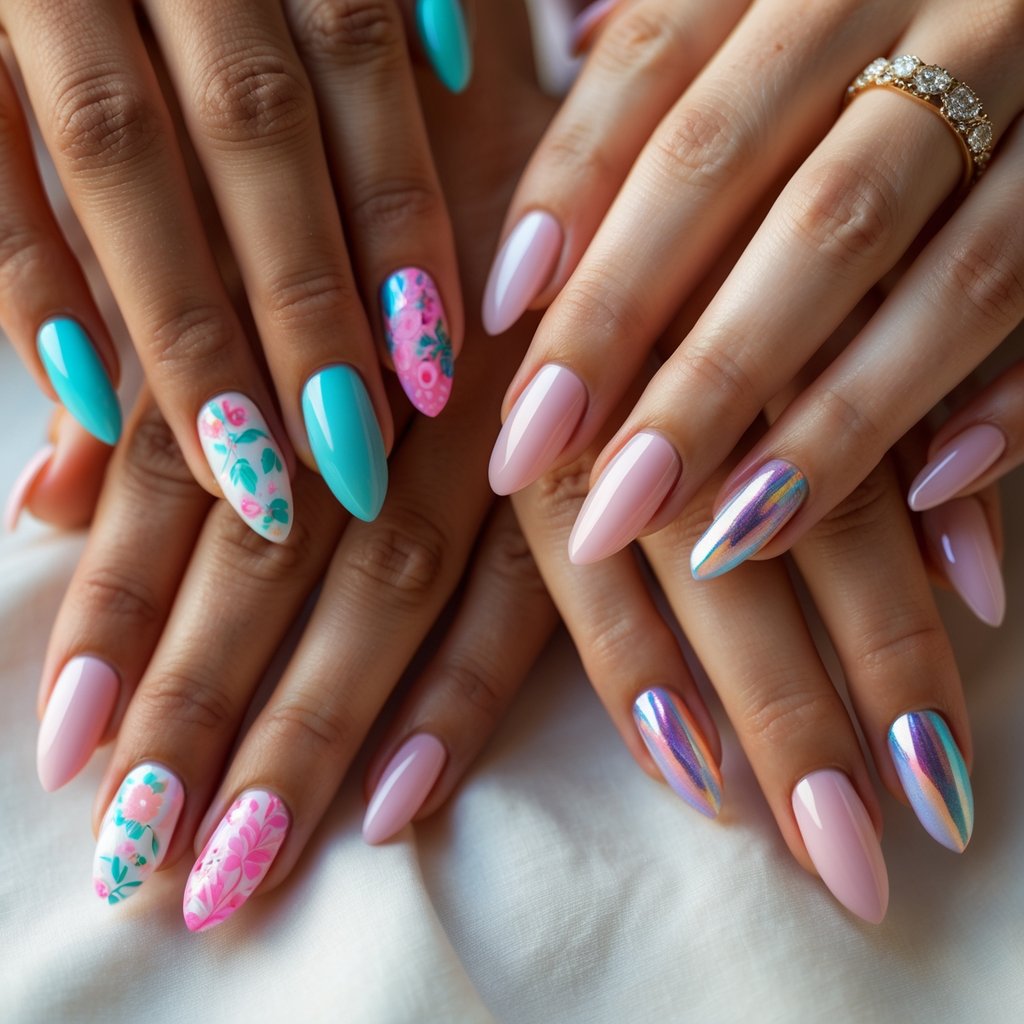 Multiple hands with different nail designs arranged together showing various colorful and stylish manicures.