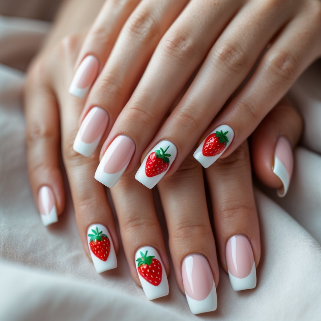 Close-up of hands with classic French tip nails and strawberry-themed nail art accents.