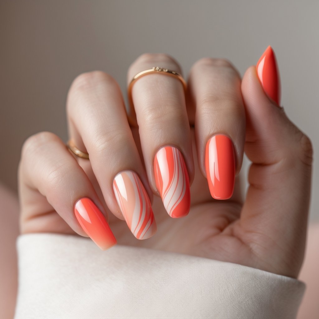 Close-up of a woman's hand with coral swirl gradient nails against a neutral background.