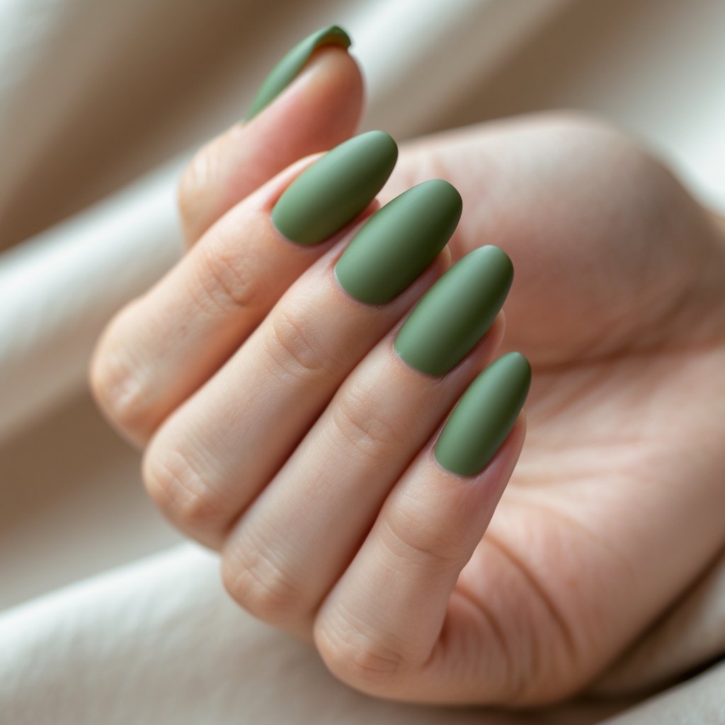 Close-up of a woman's hand with medium-length peridot green matte finish nails against a soft neutral background.