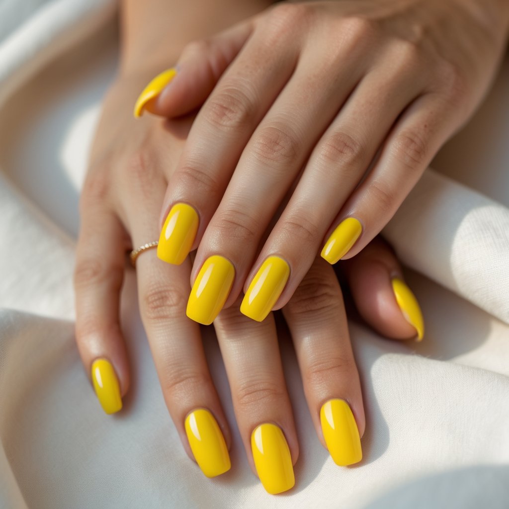 Close-up of hands with bright yellow polished nails against a soft neutral background.