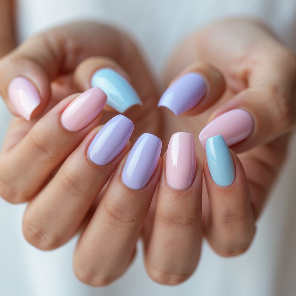Close-up of a woman's hands with pastel ombre manicured nails against a neutral background.