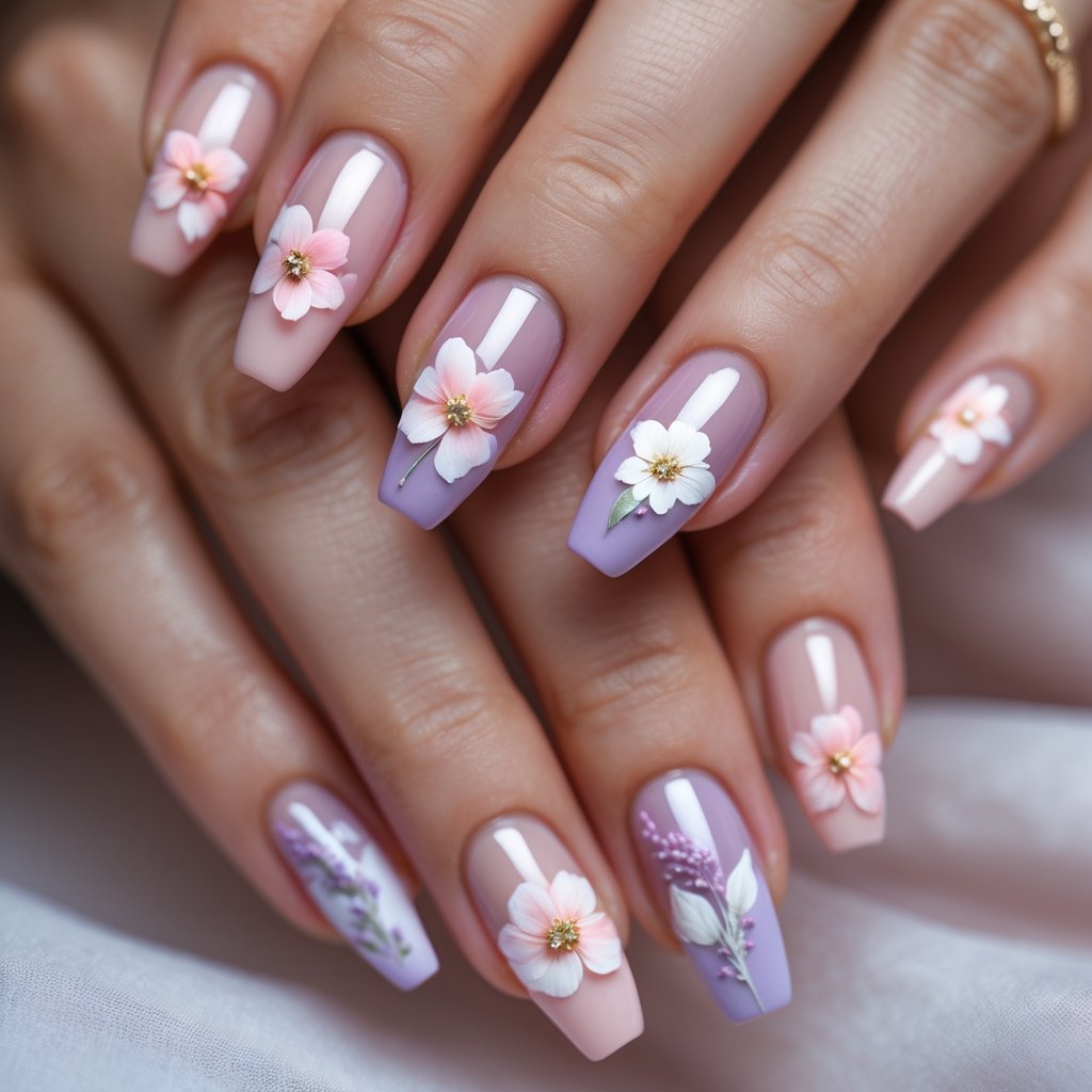 Close-up of hands with manicured nails featuring delicate floral designs with small petals in soft pastel colors.