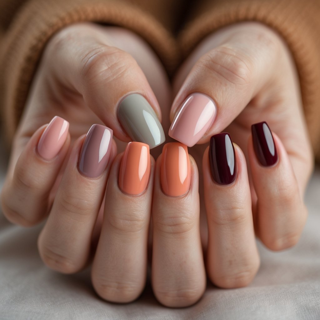 Close-up of hands with manicured nails painted in muted summer and fall colors, showing various stylish nail designs.