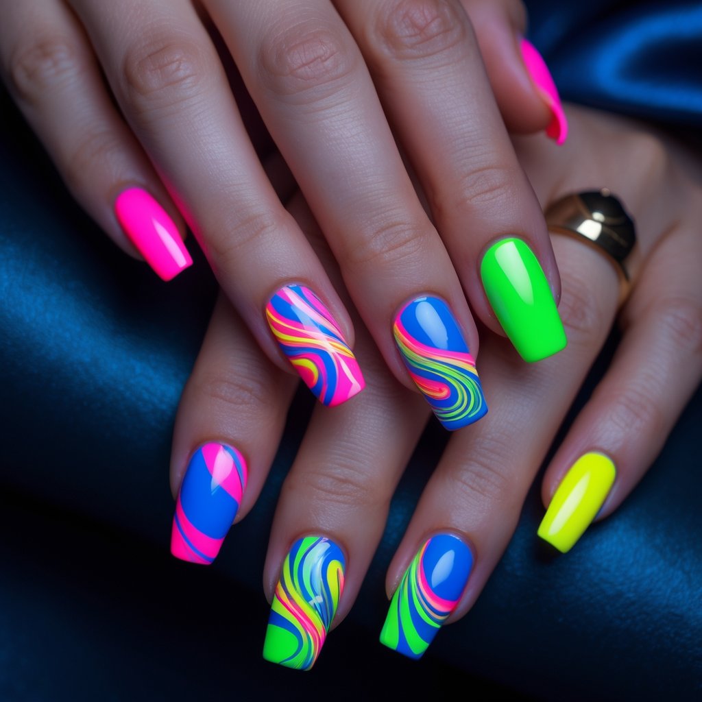 Close-up of hands with brightly colored neon swirl nail designs on a dark background.