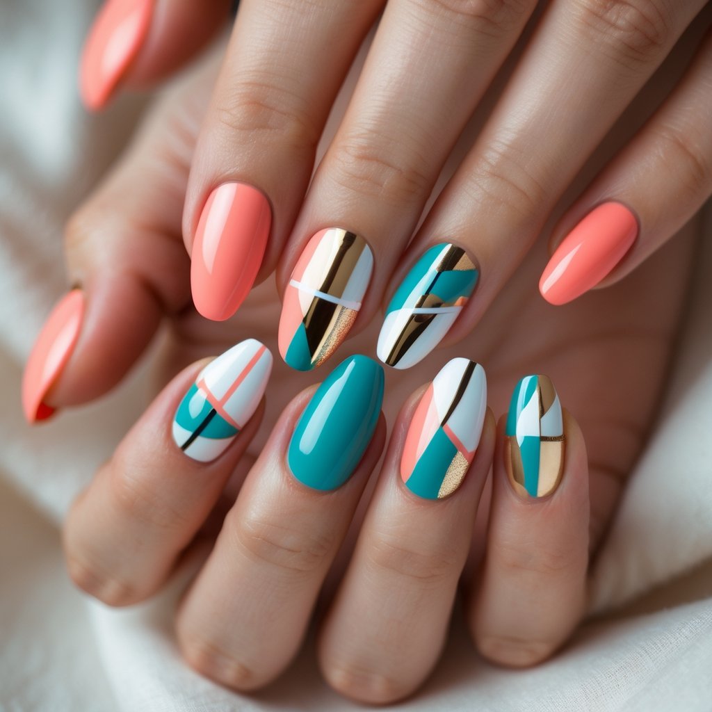Close-up of hands with colorful nails featuring abstract geometric patterns.