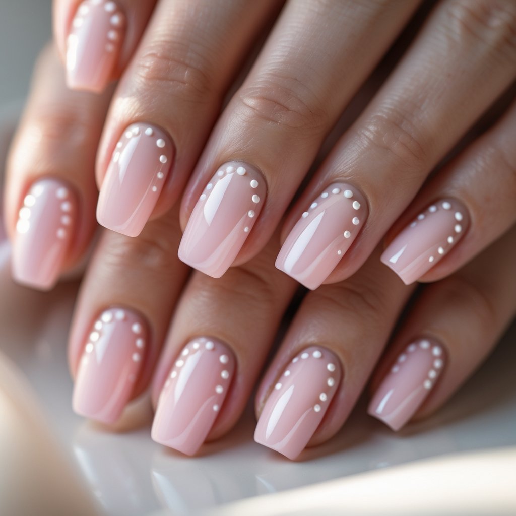 Close-up of female hands with soft pink nails decorated with white dots.