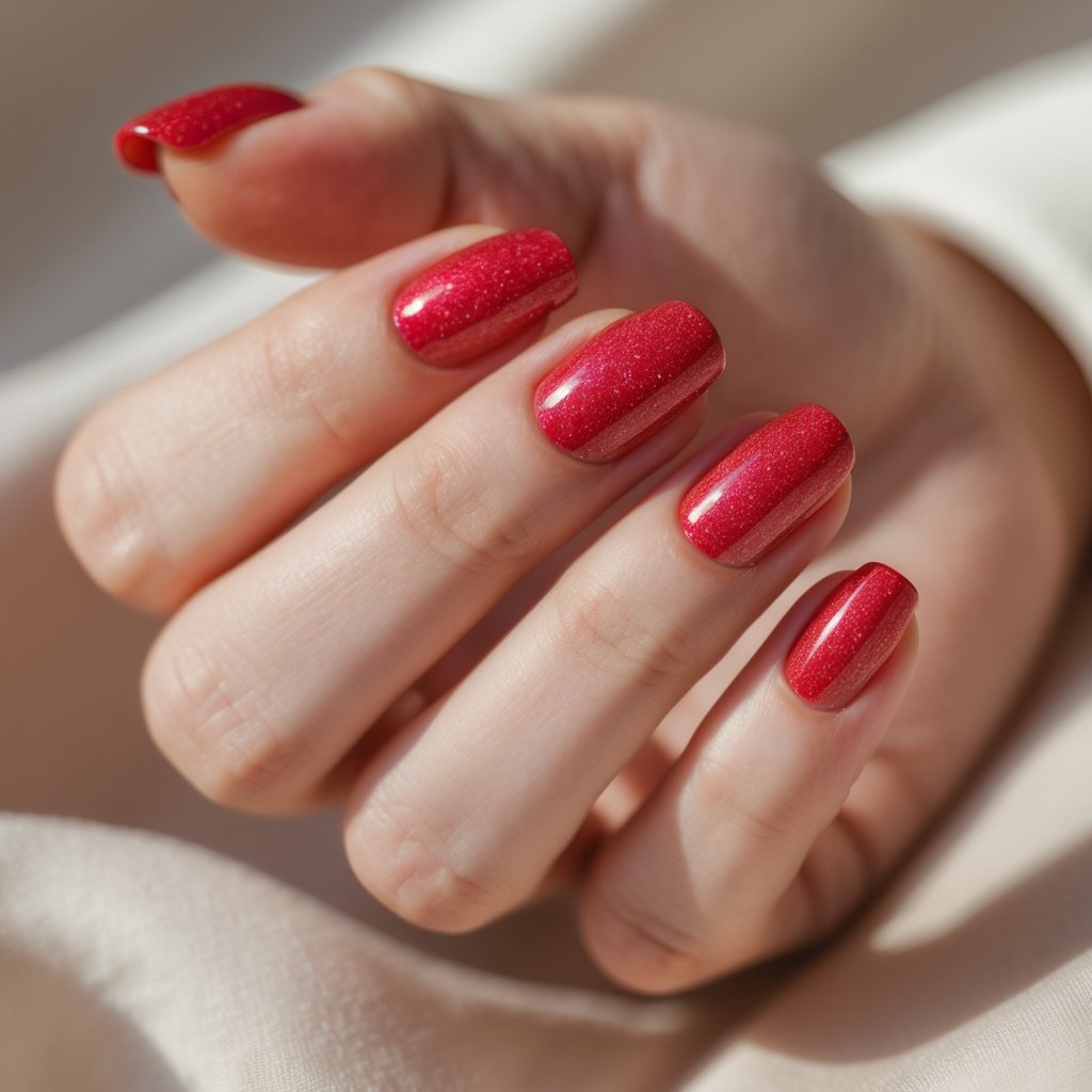 Close-up of a hand with bright red nails featuring subtle glitter, posed against a neutral background.