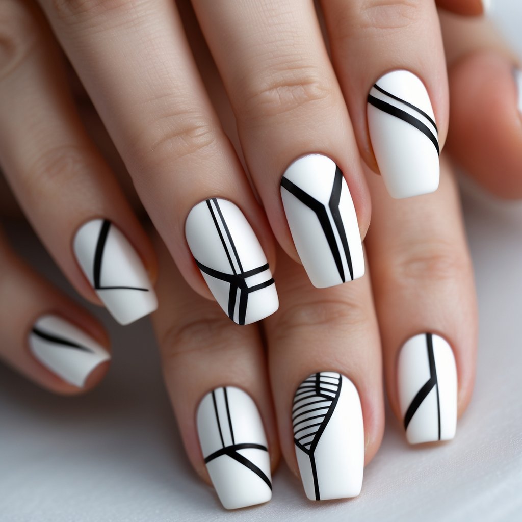 Close-up of neatly manicured fingernails with white matte polish and black line art designs.