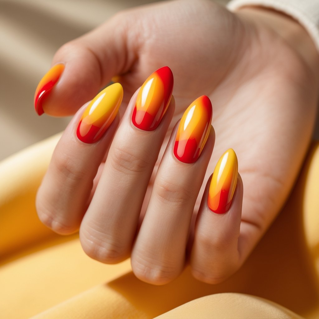 Close-up of a hand with neatly manicured nails featuring a red, orange, and yellow gradient design.