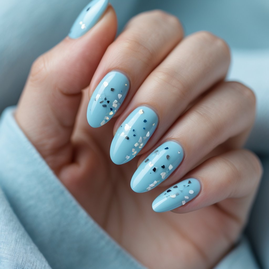 A hand with pastel blue nails decorated with silver confetti accents against a soft neutral background.