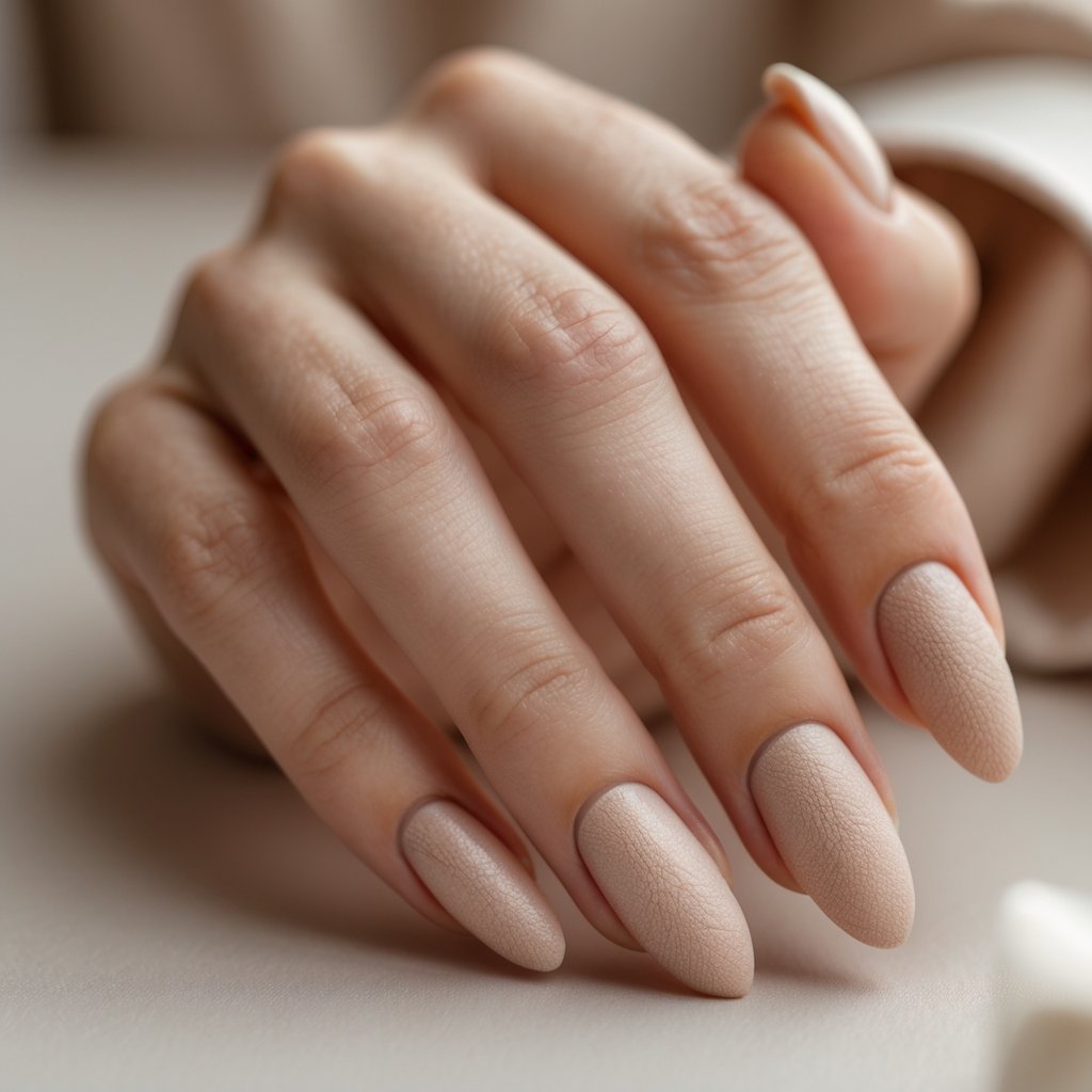 Close-up of a woman's hand with beige textured nails resting on a light surface.