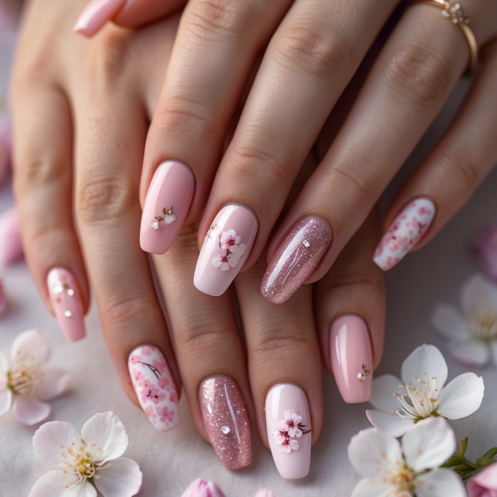 Close-up of female hands with trendy cherry blossom and summer-themed nail designs, posed with scattered cherry blossom petals on a neutral background.