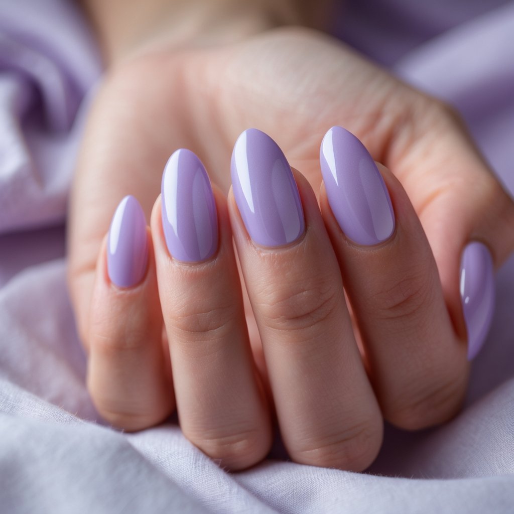 Close-up of a woman's hand with glossy lavender-colored nails resting on a soft neutral background.