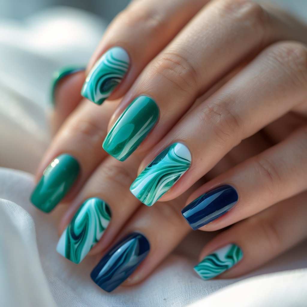 Close-up of a woman's hand with nails painted in green and blue marble patterns resting on a white surface.