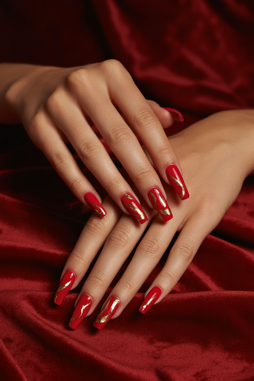 Bright Red Nails with Gold Accents