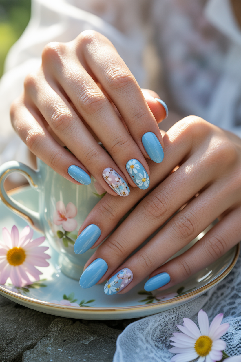 Floral Sky Blue Nails Floral Sky Blue Nails