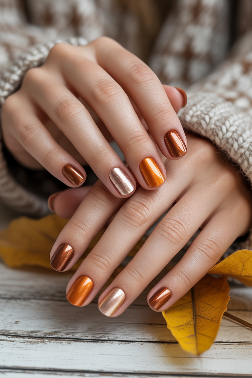 Short Chrome Autumn Nails