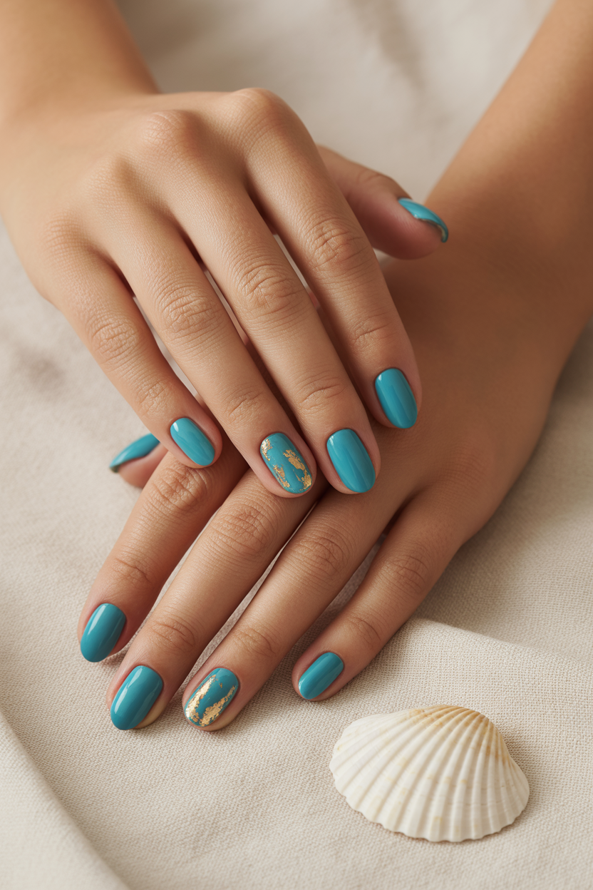Turquoise Blue Nails with Gold Foil Turquoise Blue Nails with Gold Foil