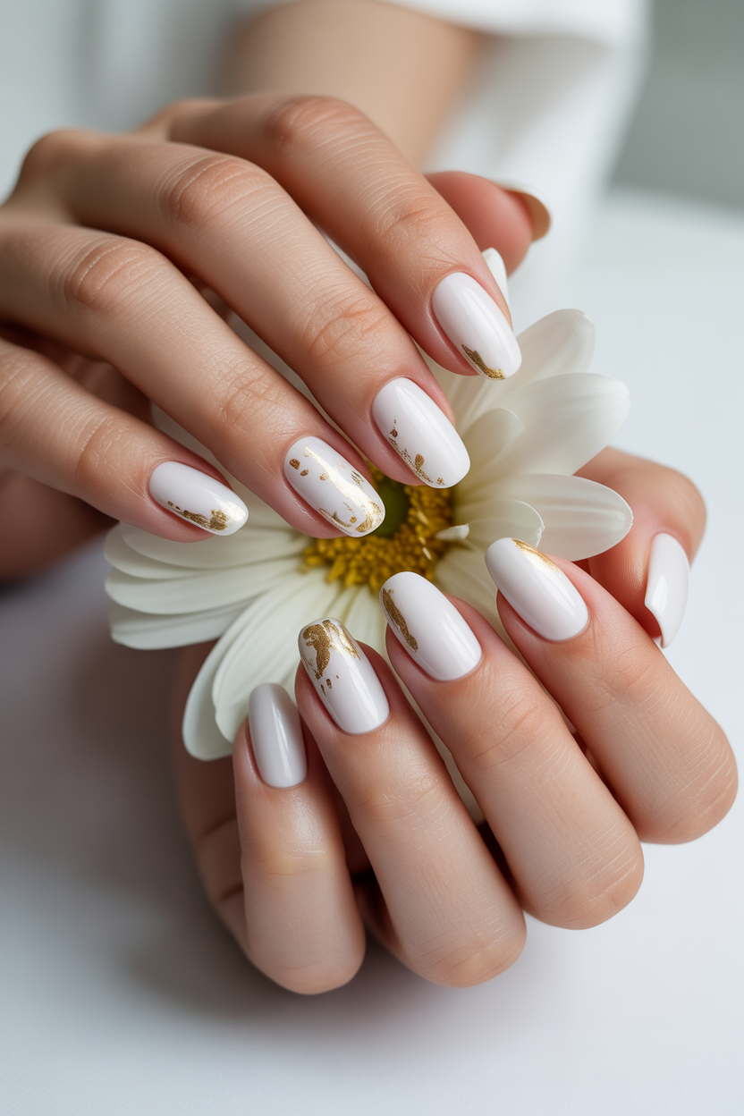White Nails with Gold Foil White Nails with Gold Foil