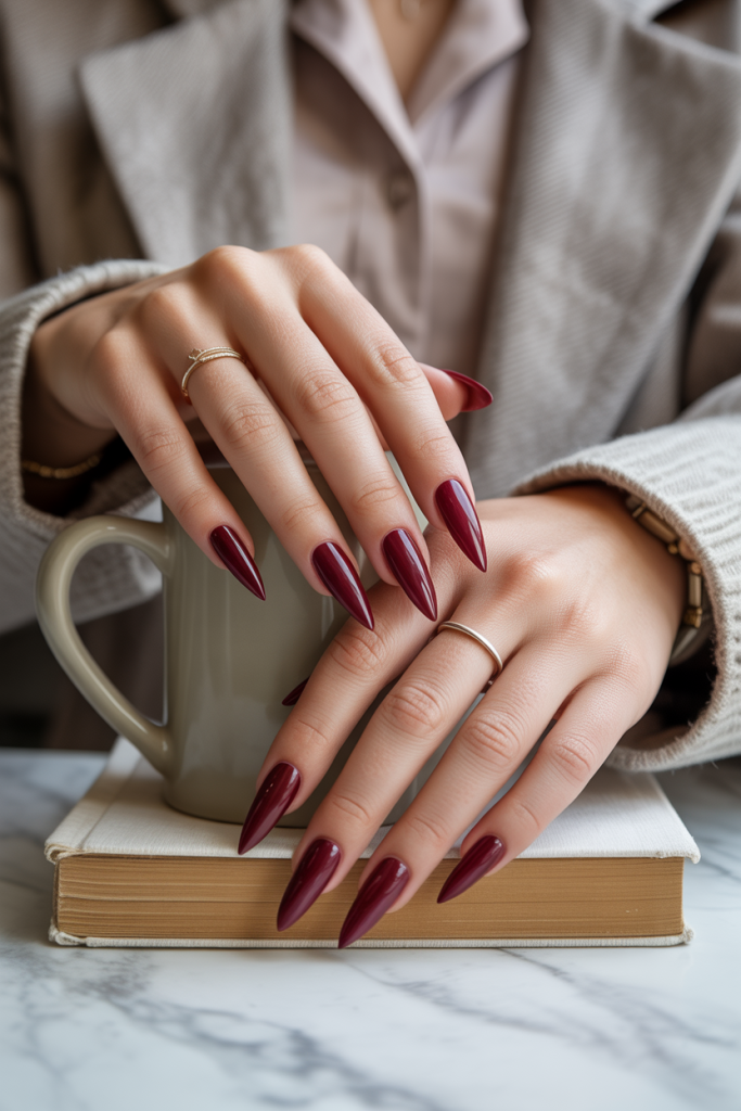 Burgundy Acrylic Stiletto Nails