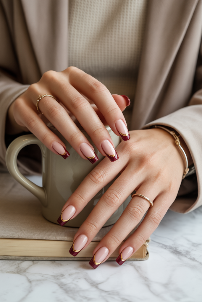Burgundy Tips with Gold Outline