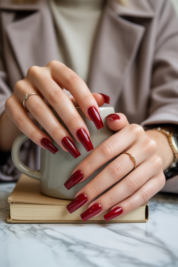 Dark Red Coffin Acrylic Nails