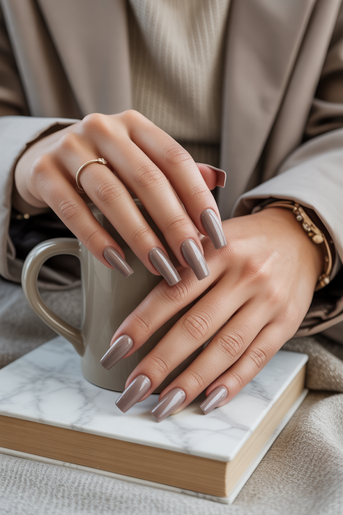 Glossy Taupe Coffin Nails