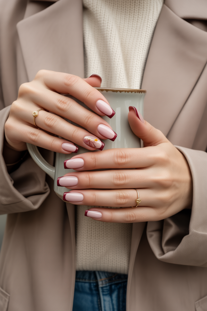 Maroon French Tips with Accent Nail