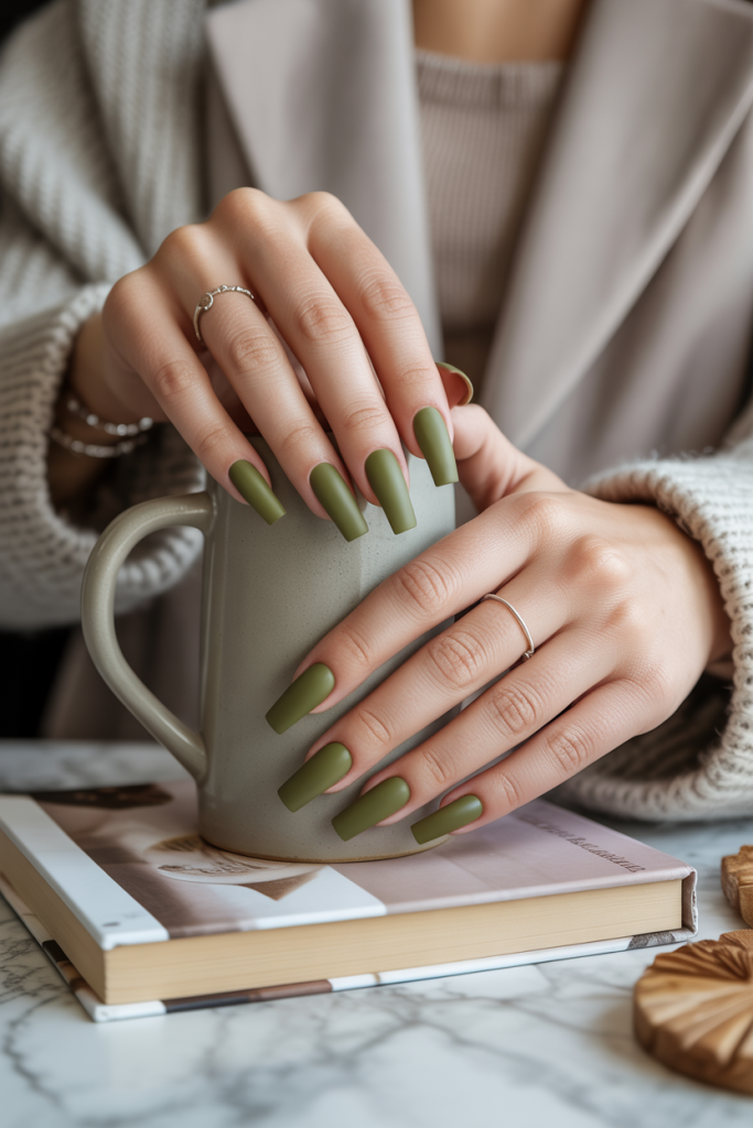 Matte Olive Coffin Nails
