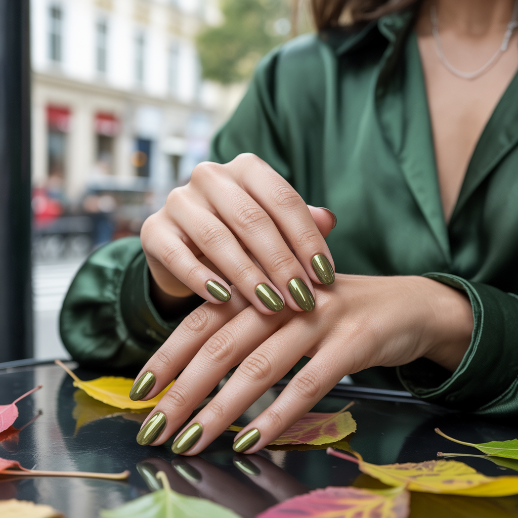 Olive Chrome Shimmer Nails