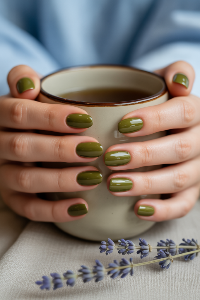 Olive Green Glossy Gel Nails
